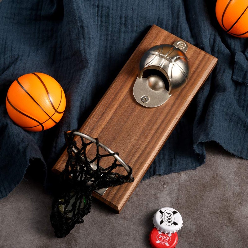 Arola Magnetic Basketball Bottle Opener, Wooden Wall Mounted Opener with Cap Collector Catcher, Ideal Gift for Basketball and Beer Lovers, Use as Kitchen-Yard-Bar Decoration - Image 2